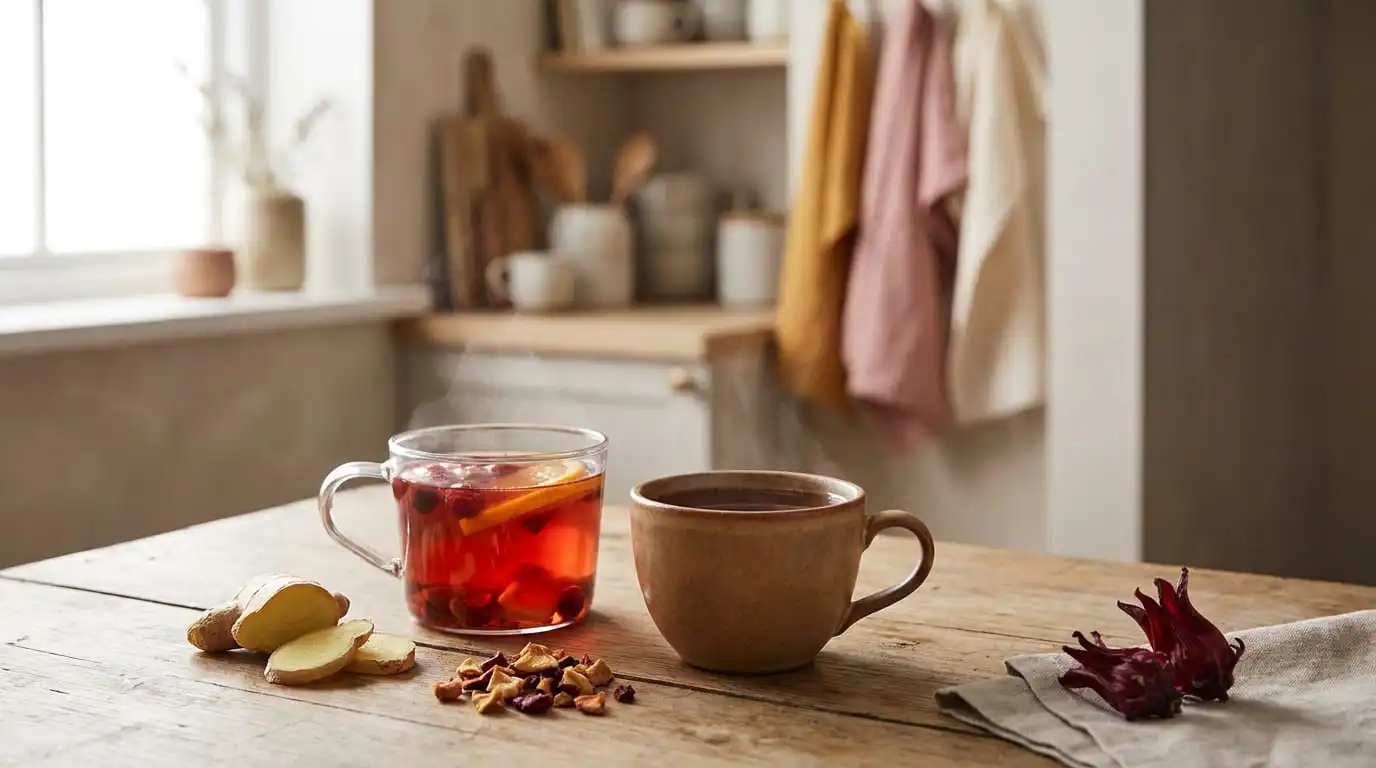 Xícara de chá de frutas ao lado de rooibos e rodelas de gengibre, com uma flor de hibisco afastada e marcada como evitar