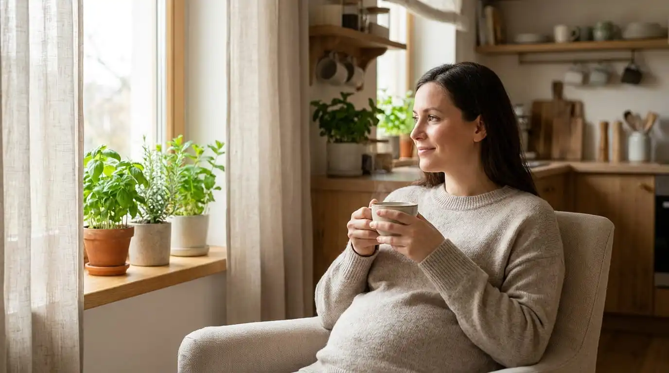 Gestante sentada com uma xícara de chá quente nas mãos, em um ambiente calmo e iluminado