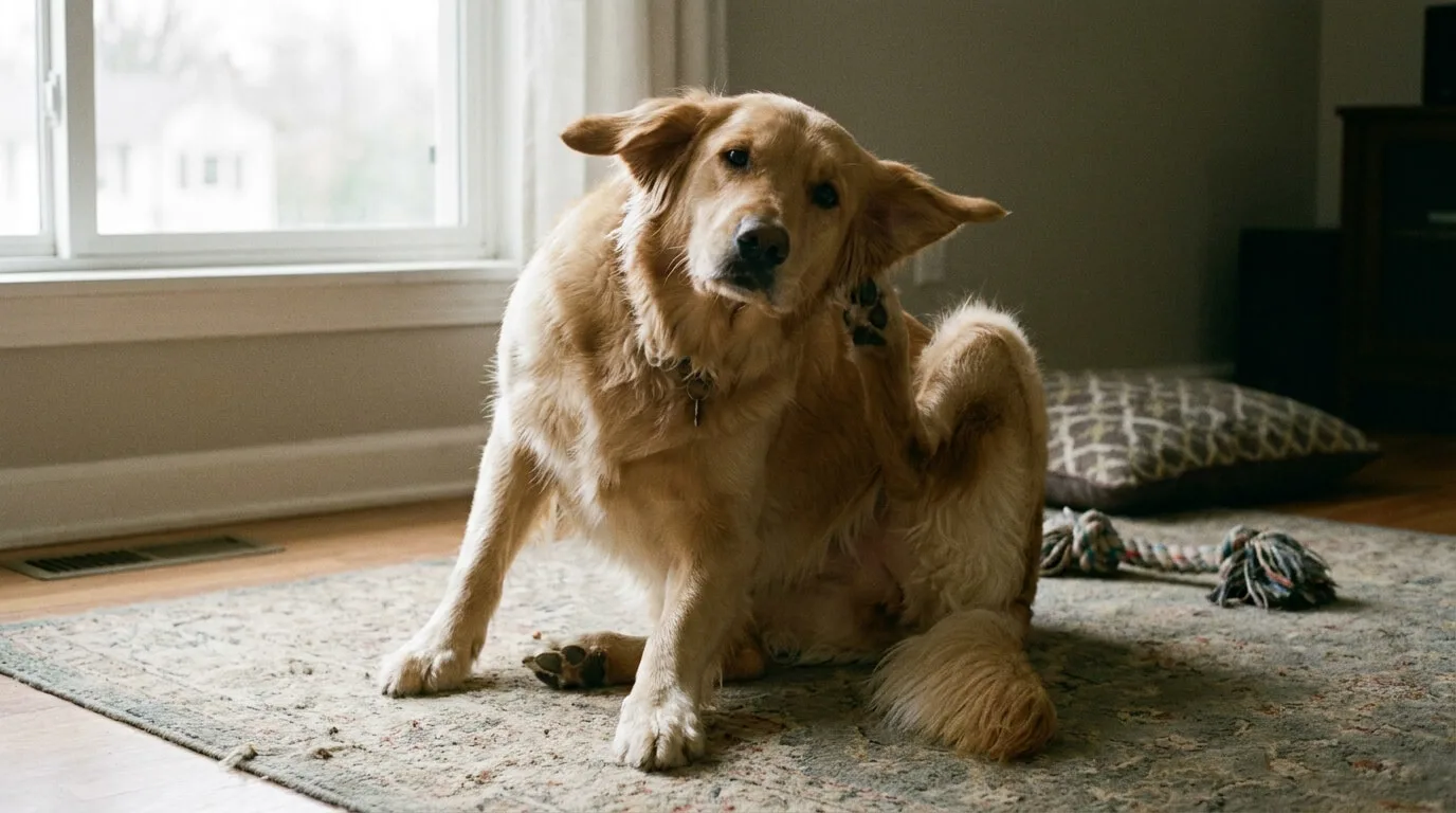 Cachorro se coçando com a pata traseira, com expressão de incômodo, dentro de casa