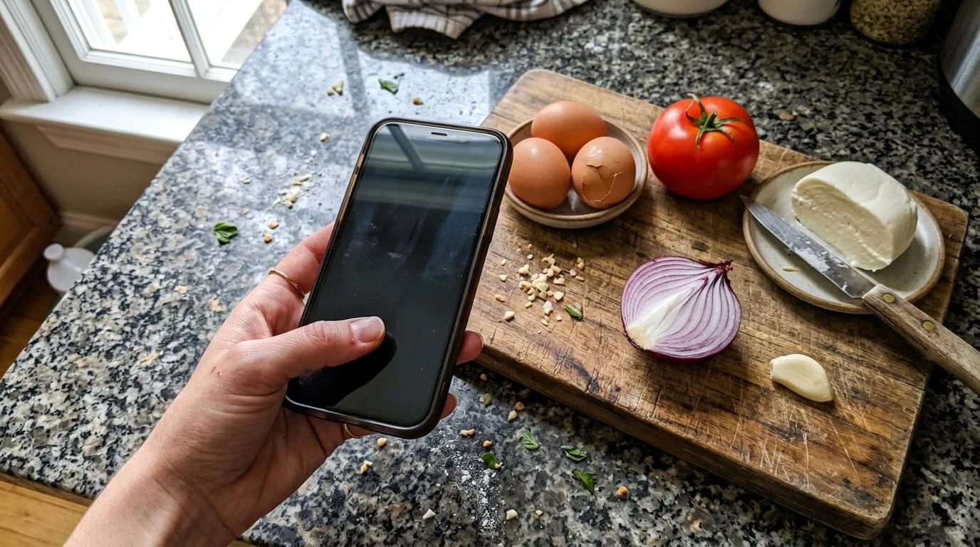 Mão segurando o celular na bancada da cozinha ao lado de ovos, tomate e queijo