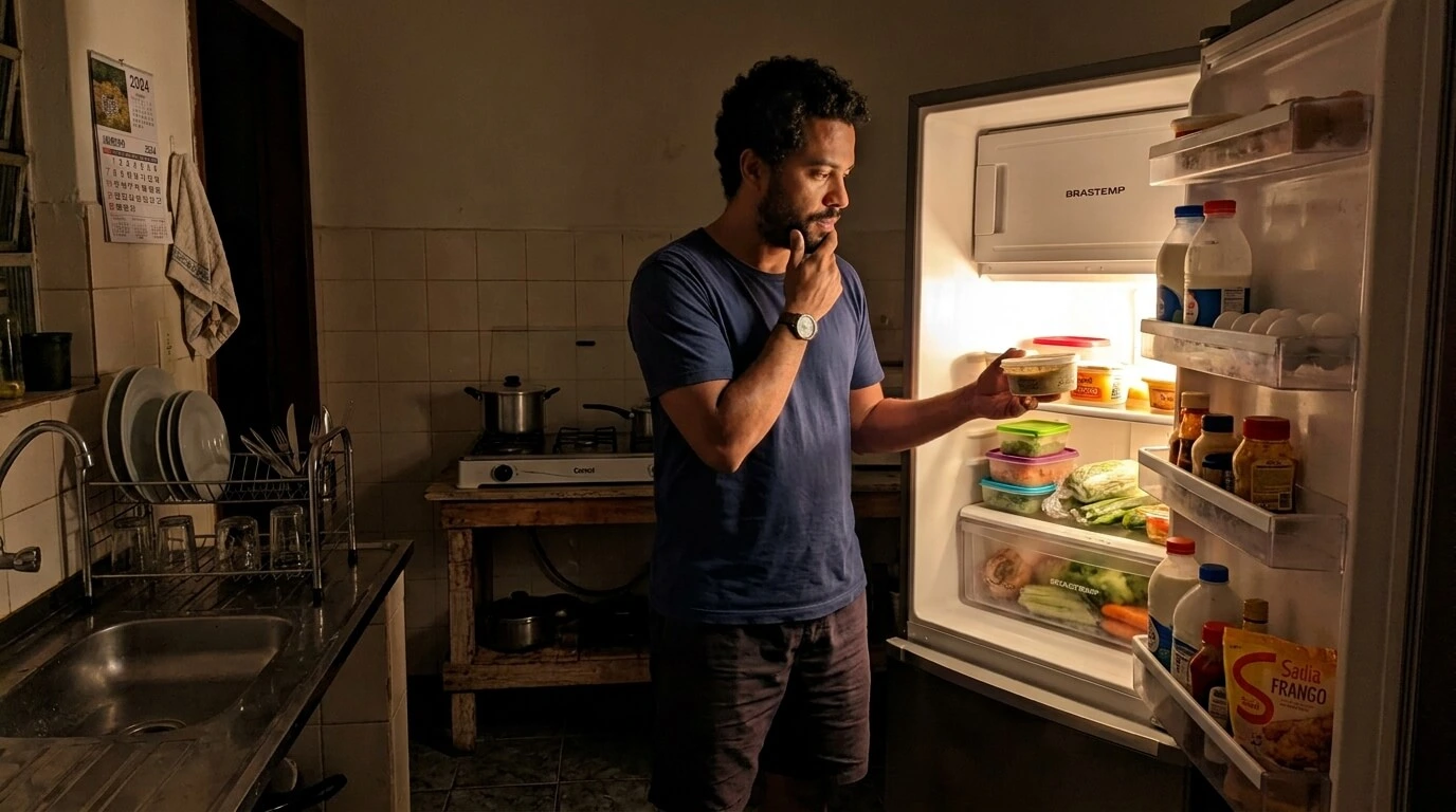 Pessoa com a porta da geladeira aberta olhando os ingredientes e segurando o celular