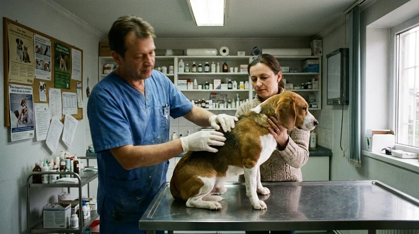 Cachorro sendo examinado por uma veterinária em consultório, com o tutor ao lado