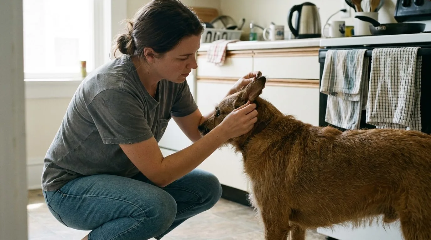 Tutor examinando a orelha de um cachorro em casa, com o cão calmo