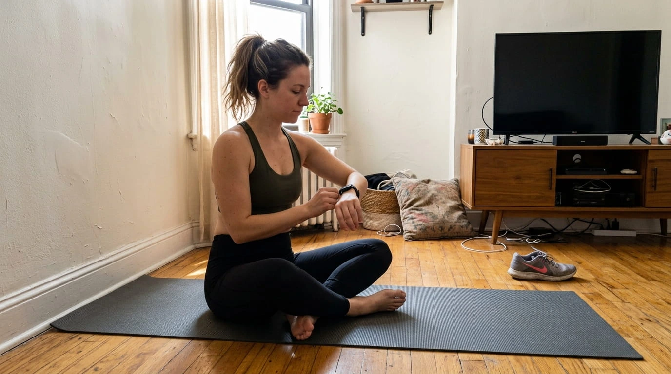 Mulher deitada num tapete de yoga na sala de casa com os pés apoiados na parede fazendo pilates
