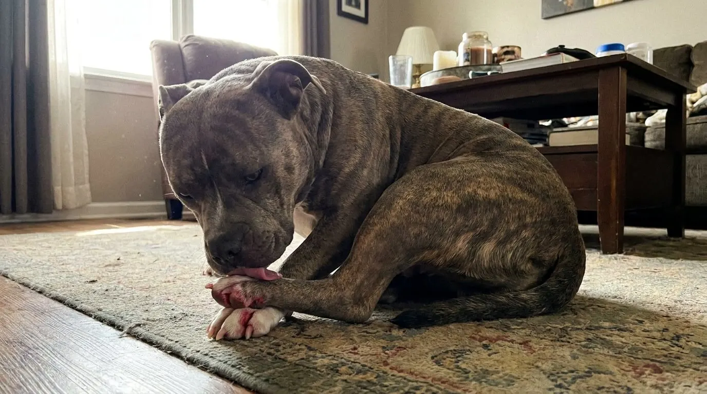 Cachorro deitado no chão de casa lambendo uma das patas dianteiras