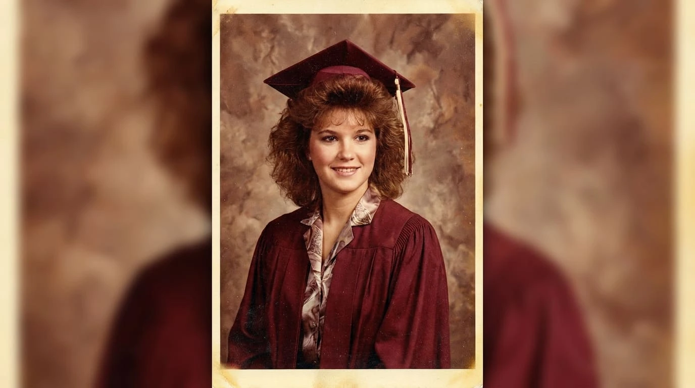Mais um exemplo do estilo dos anos 80 gerado por IA, com fundo de estúdio e cabelo volumoso