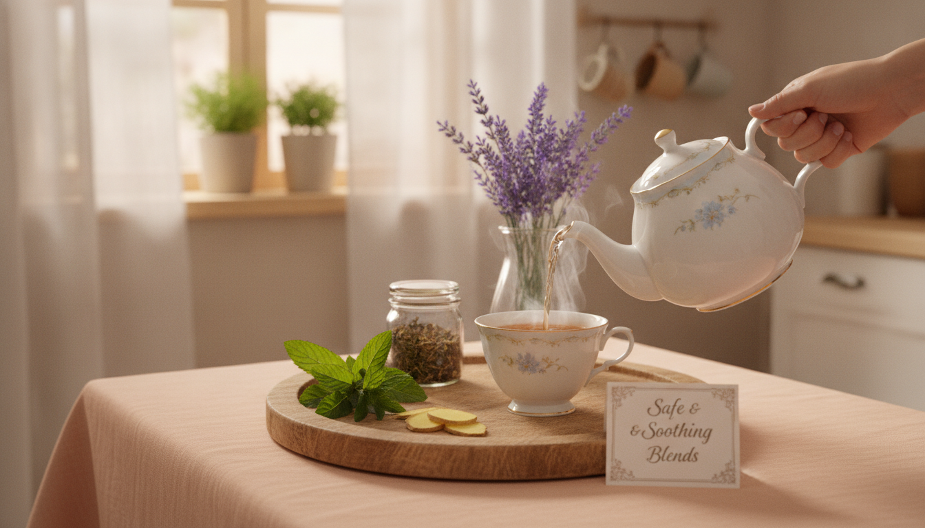 Mão servindo chá de um bule floral, ao lado de lavanda, hortelã e rodelas de gengibre