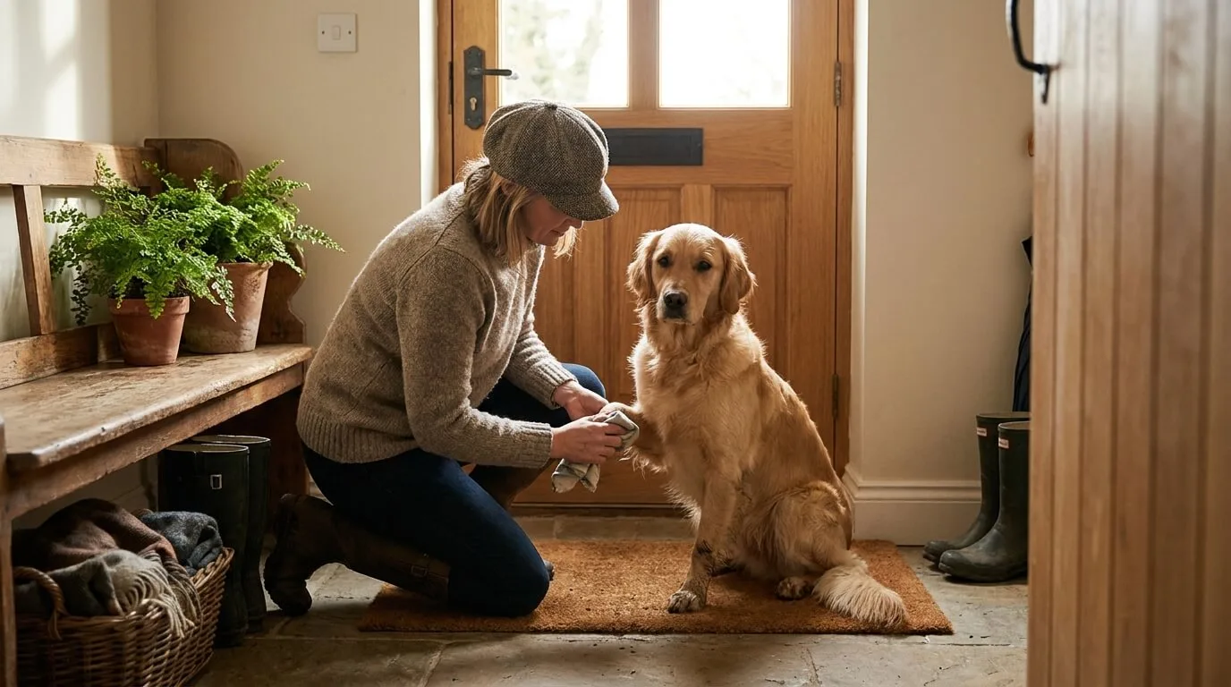 Tutor limpando a pata de um cachorro com um pano após o passeio, perto da porta de casa