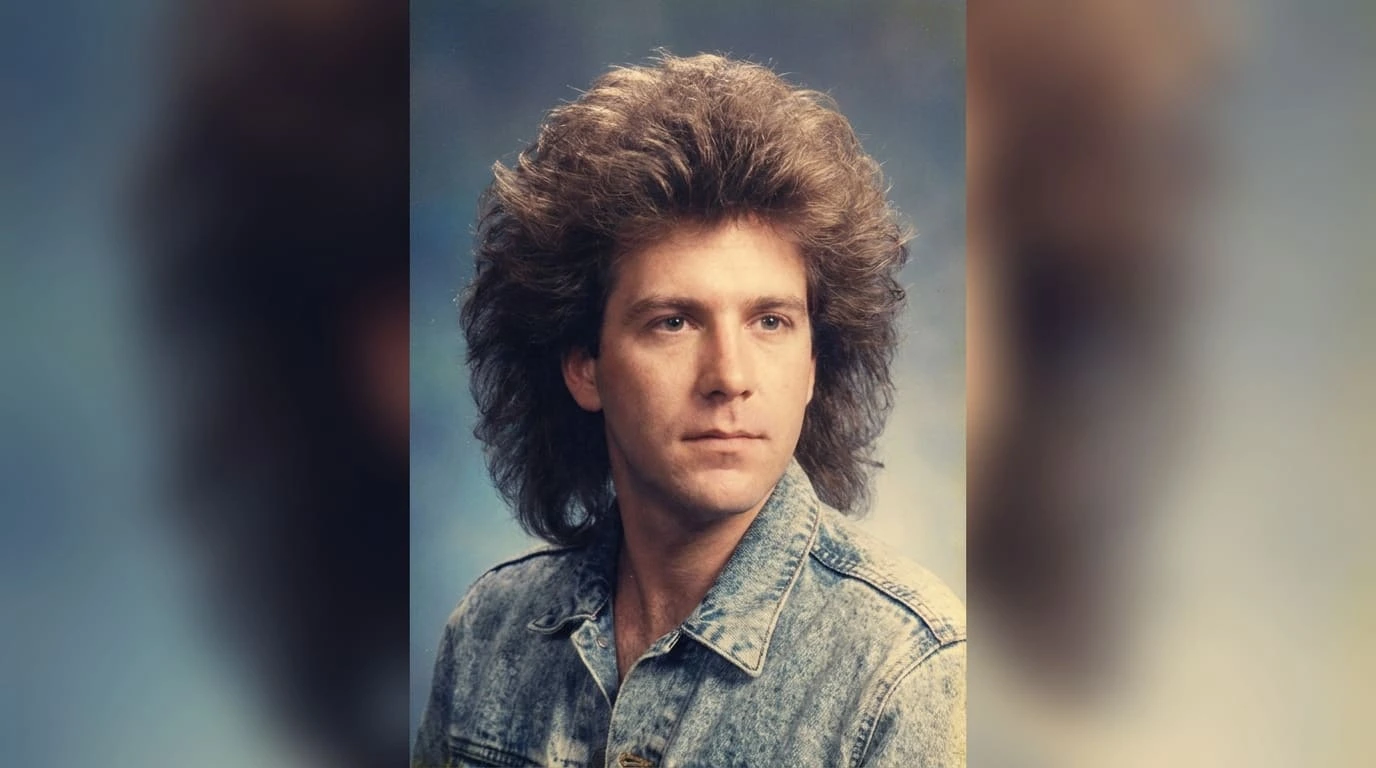 Exemplo de retrato gerado por IA no estilo dos anos 80, com cabelo volumoso e fundo azul de estúdio