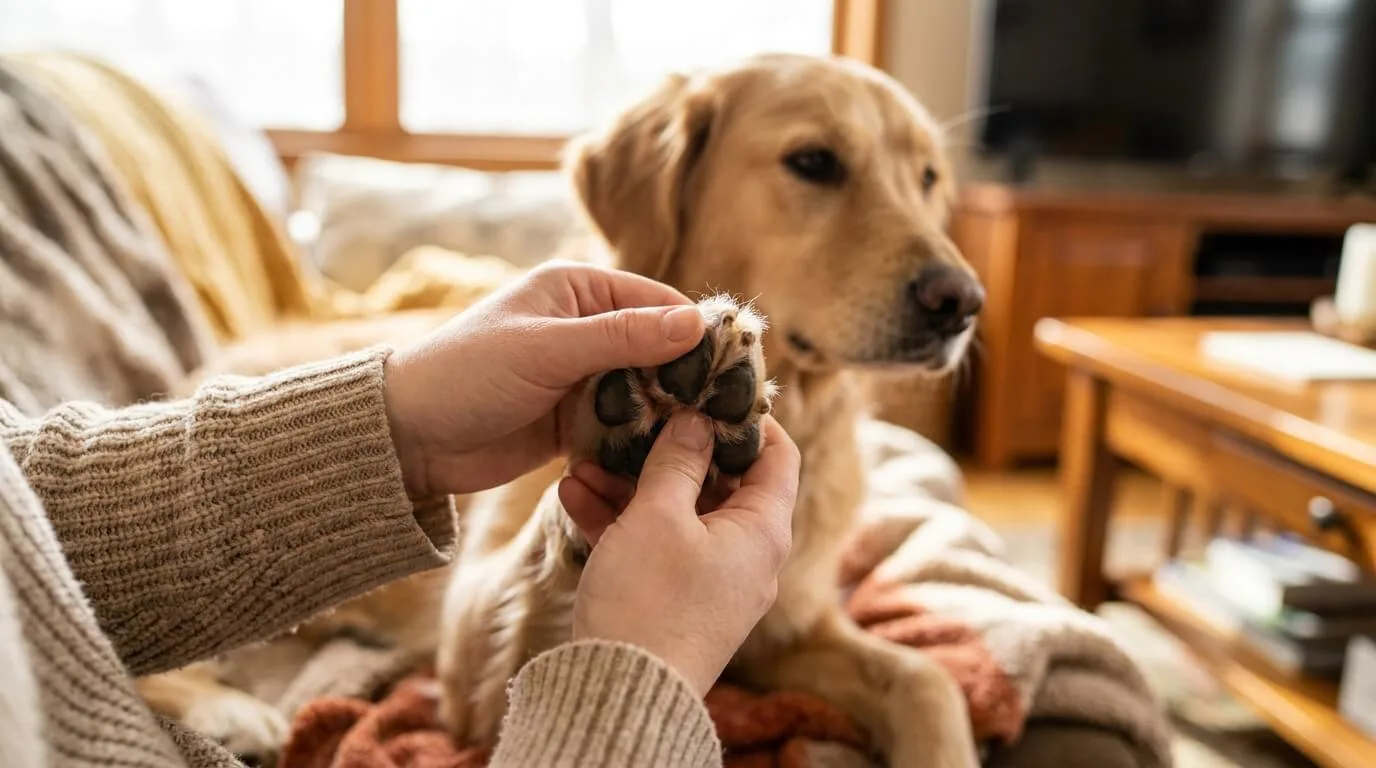 Close da pata de um cachorro sendo examinada por mãos humanas, mostrando a região entre os dedos