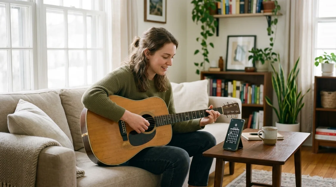 Pessoa com violão no colo seguindo uma aula de acordes no celular